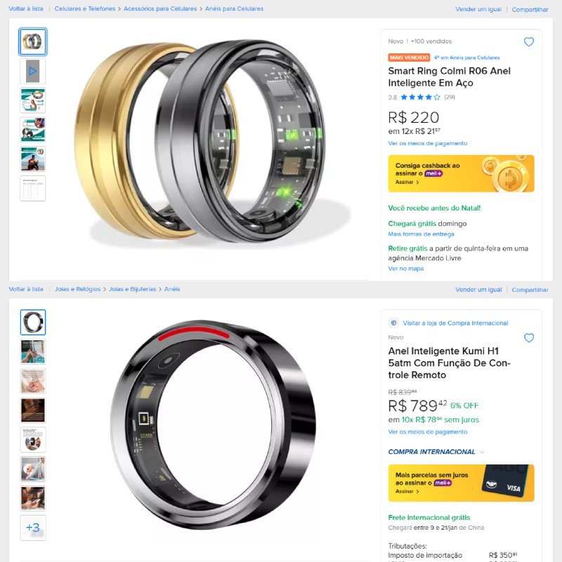 anuncios dos anéis inteligentes Kumi Ring h1 e Colmi R06